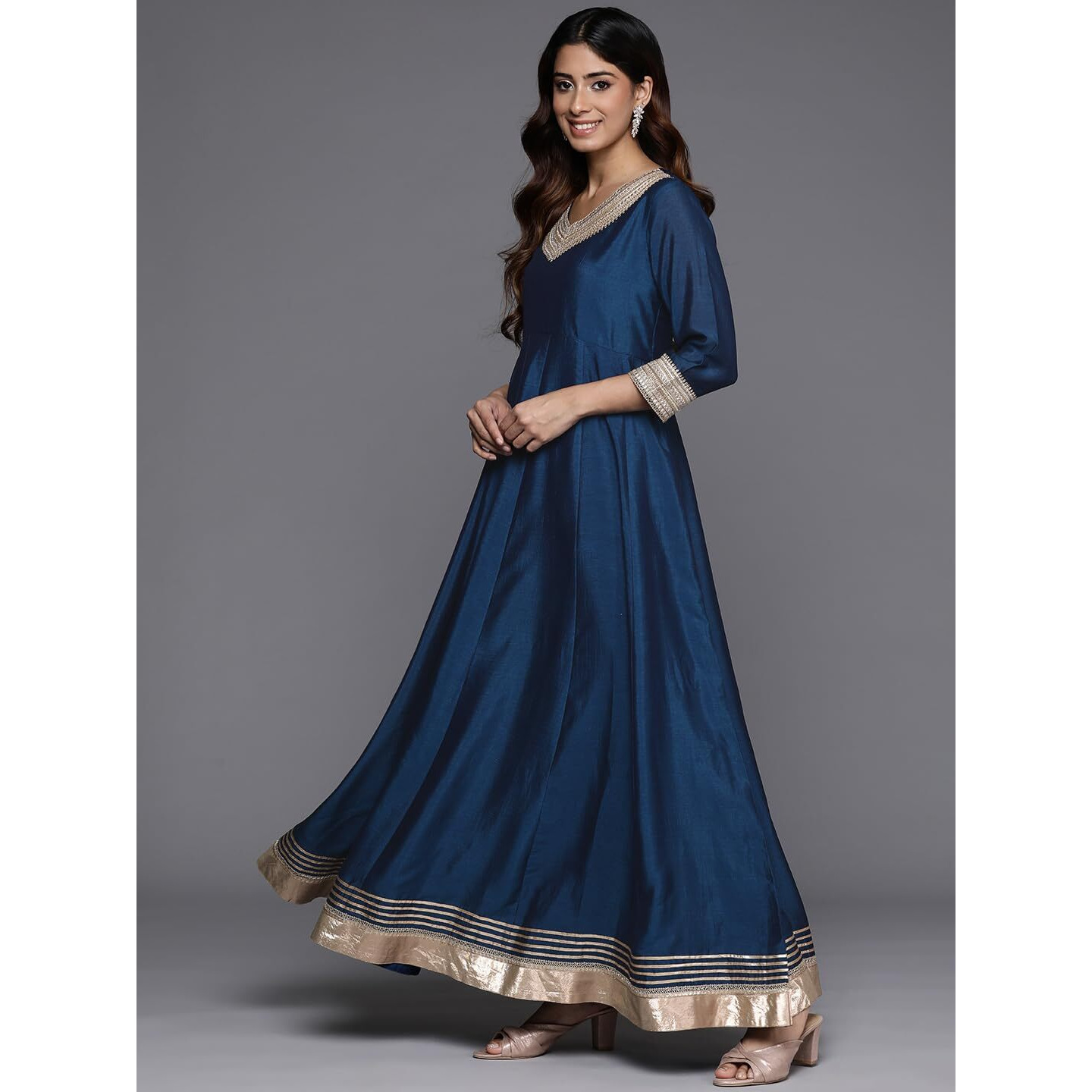 Varanga Womens Blue Lace Embroidered Anarkali Kurta with Net Sequined Dupatta for Festive (Extra Large)