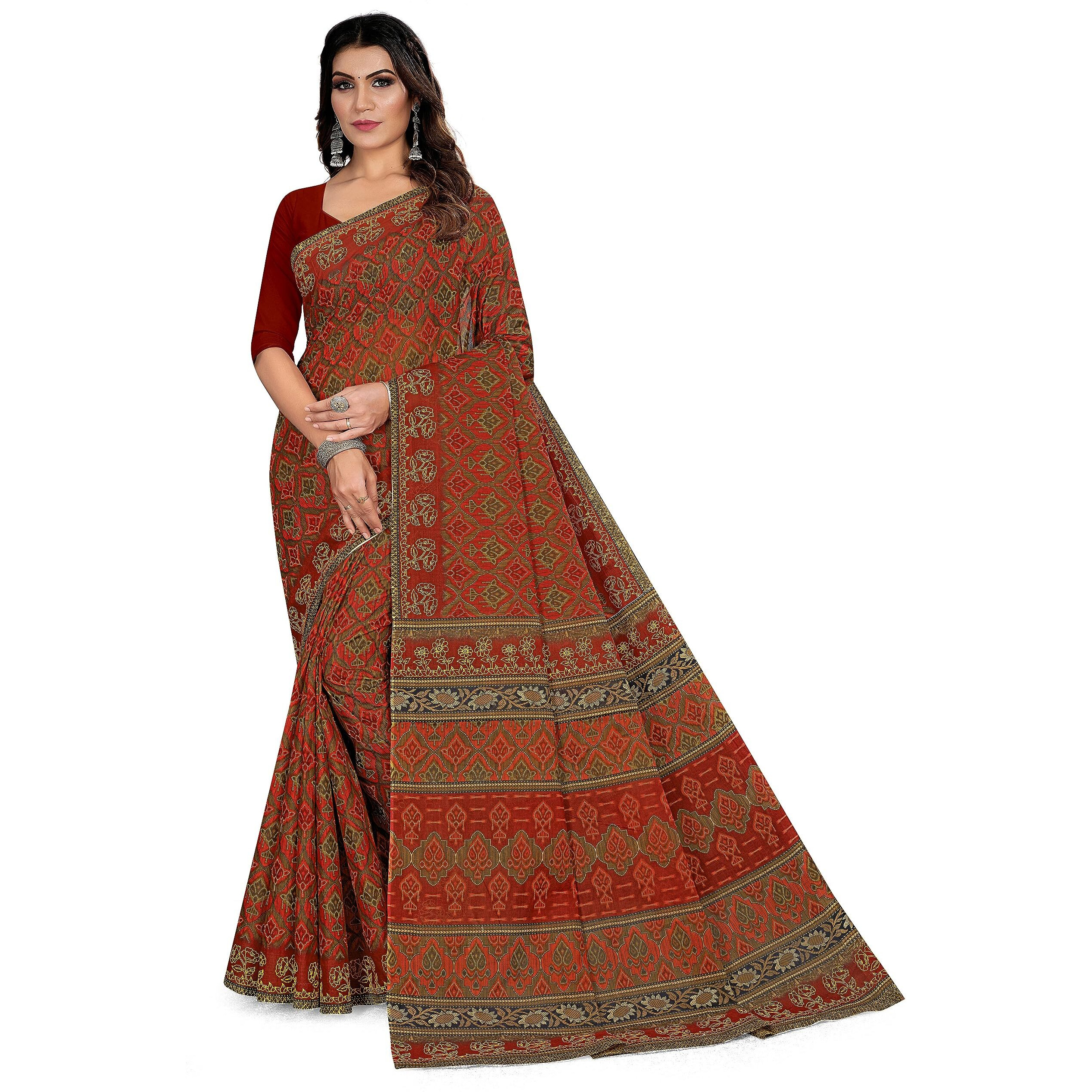 TAMAIRA FASHION Women's Plain Weave Pure Cotton Saree Without Blouse Piece(11188_Rust)