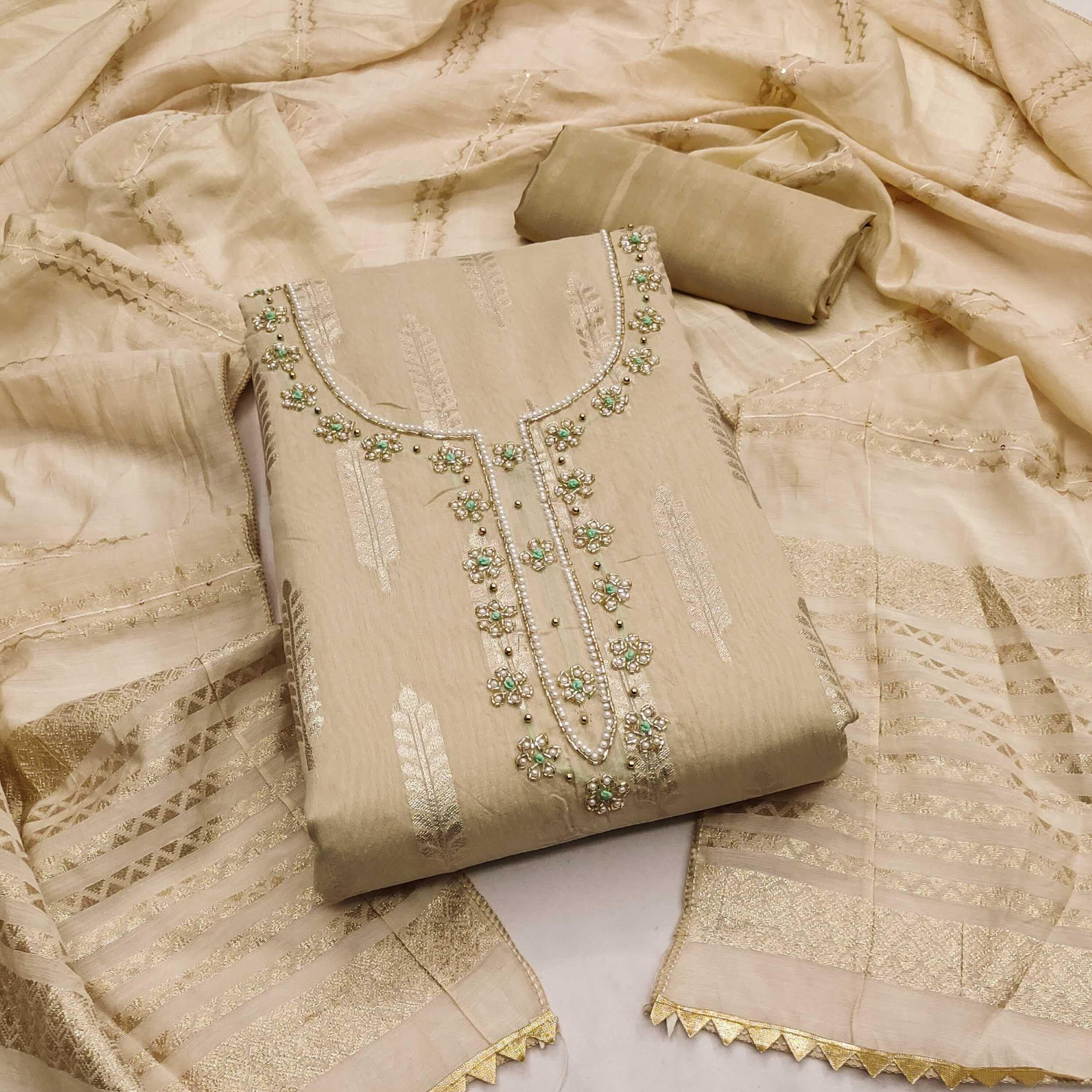 Panzora Woman's Beige Banarasi Jequard Hand Work Unstitched Salwar Suit Dress Material, With Banarasi Dupatta (Free Size)