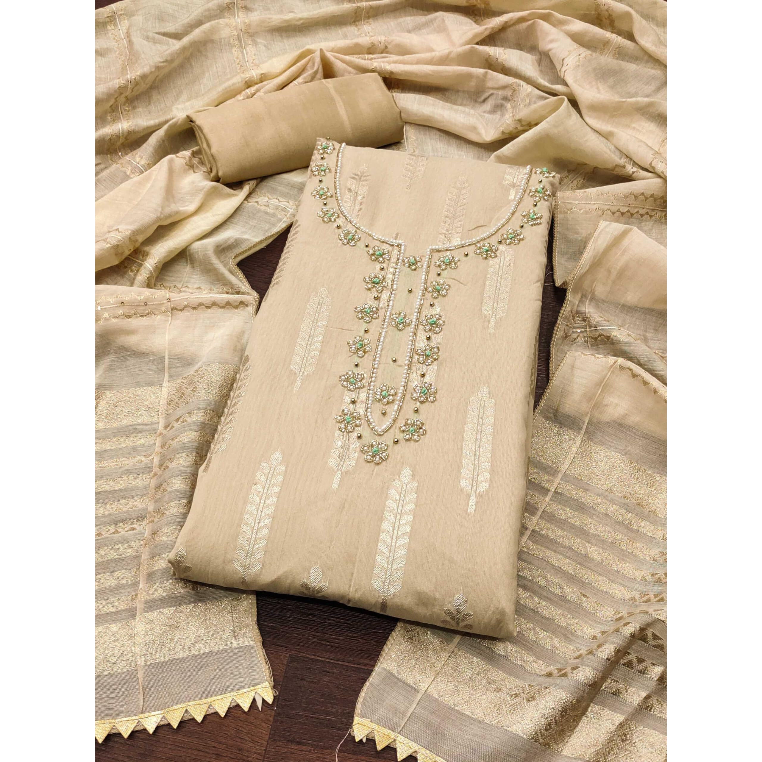 Panzora Woman's Beige Banarasi Jequard Hand Work Unstitched Salwar Suit Dress Material, With Banarasi Dupatta (Free Size)