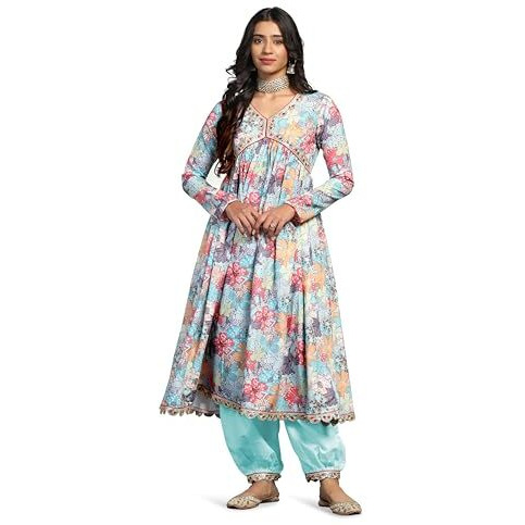 TADKEE Women Cotton Blend Printed Kurta with Pant (FN-Aliya-Cut-Pair-119-Multi-L) Sky