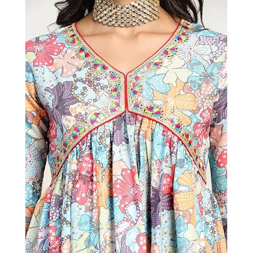 TADKEE Women Cotton Blend Printed Kurta with Pant (FN-Aliya-Cut-Pair-119-Multi-L) Sky