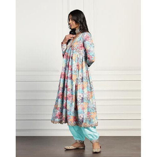 TADKEE Women Cotton Blend Printed Kurta with Pant (FN-Aliya-Cut-Pair-119-Multi-L) Sky