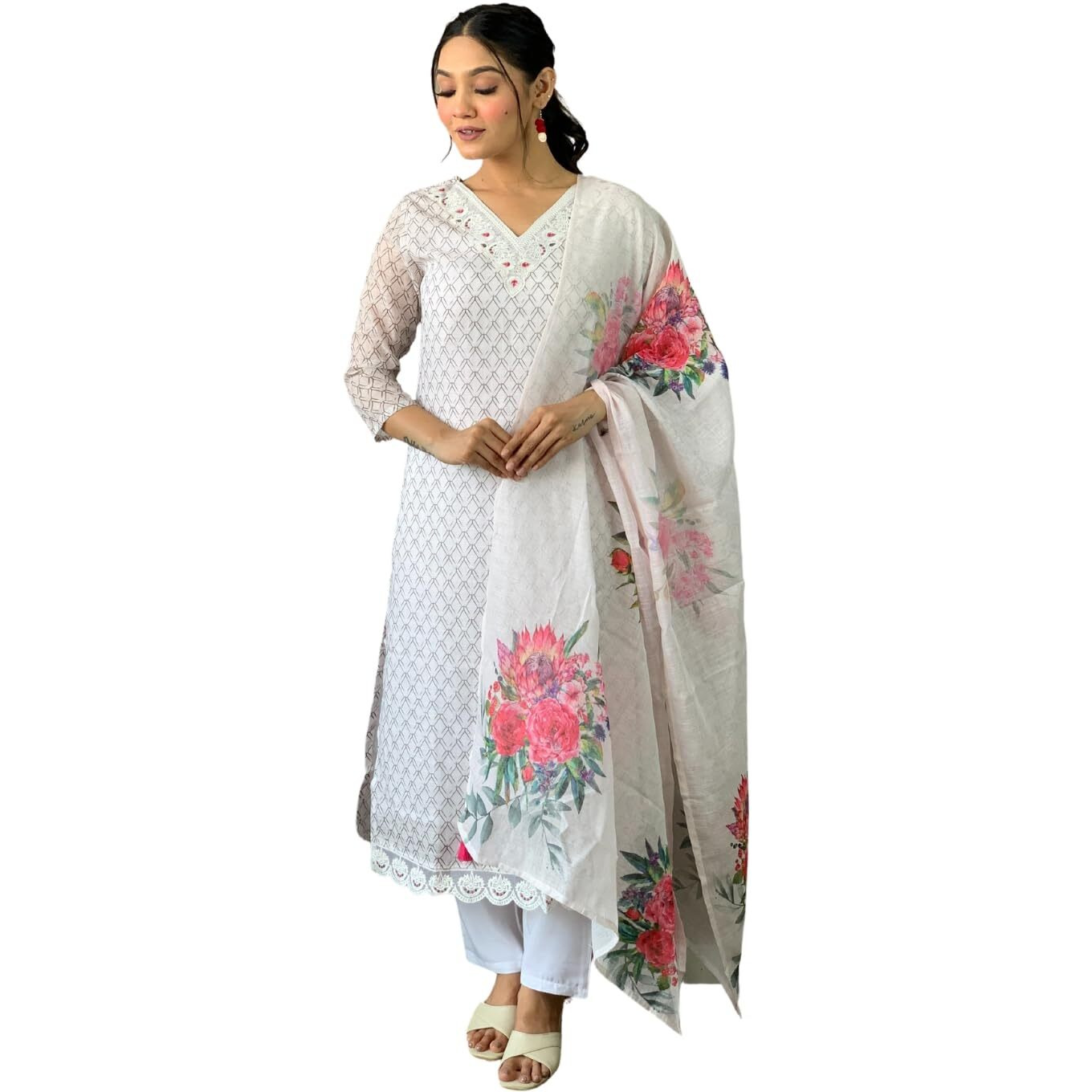 Naixa Women's Off White Linen Cotton with Cotton Lining Embroidered Straight Kurta with Rayon Pant and Linen Cotton Printed Dupatta Sets (NX2-550-Offwhite-XS)
