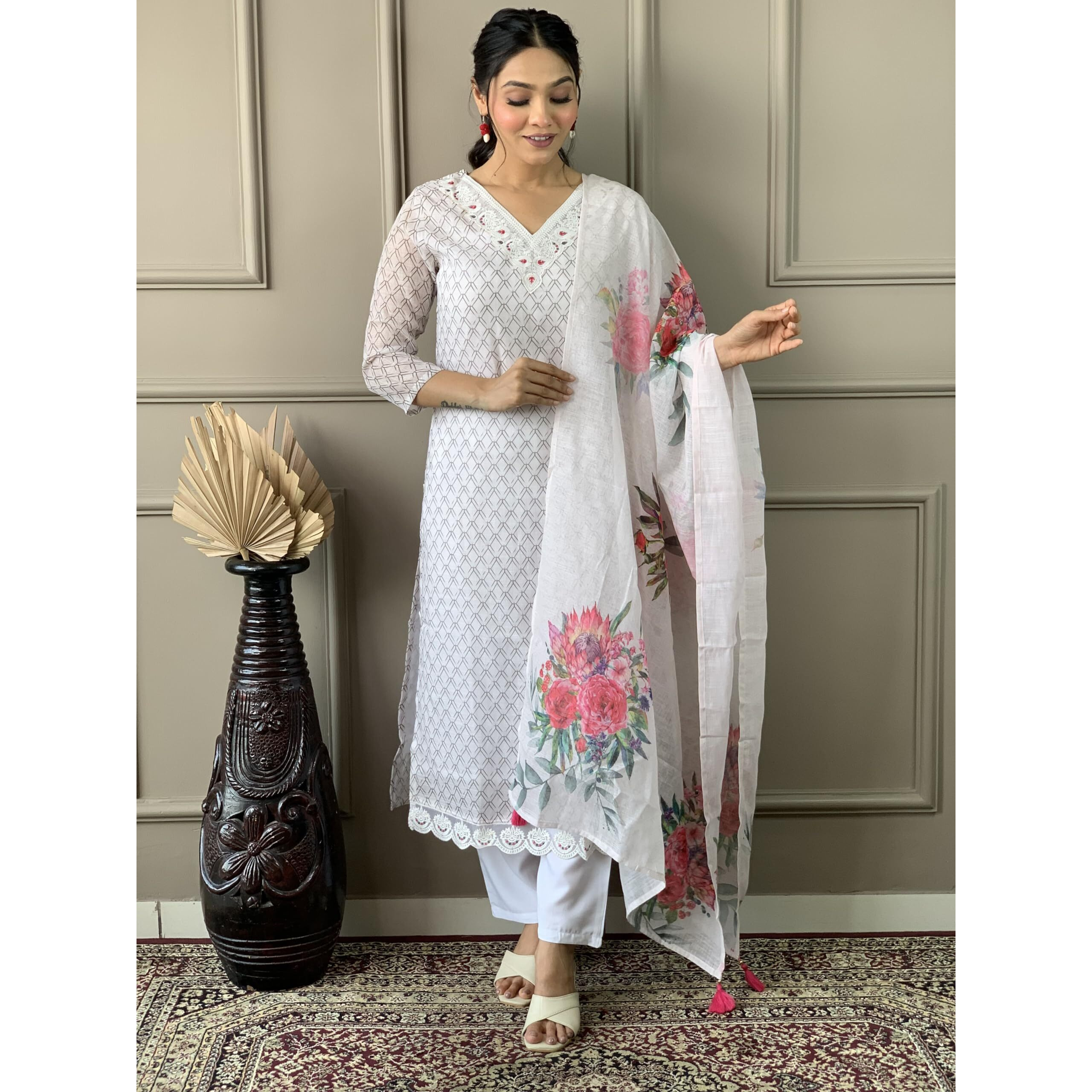 Naixa Women's Off White Linen Cotton with Cotton Lining Embroidered Straight Kurta with Rayon Pant and Linen Cotton Printed Dupatta Sets (NX2-550-Offwhite-XS)