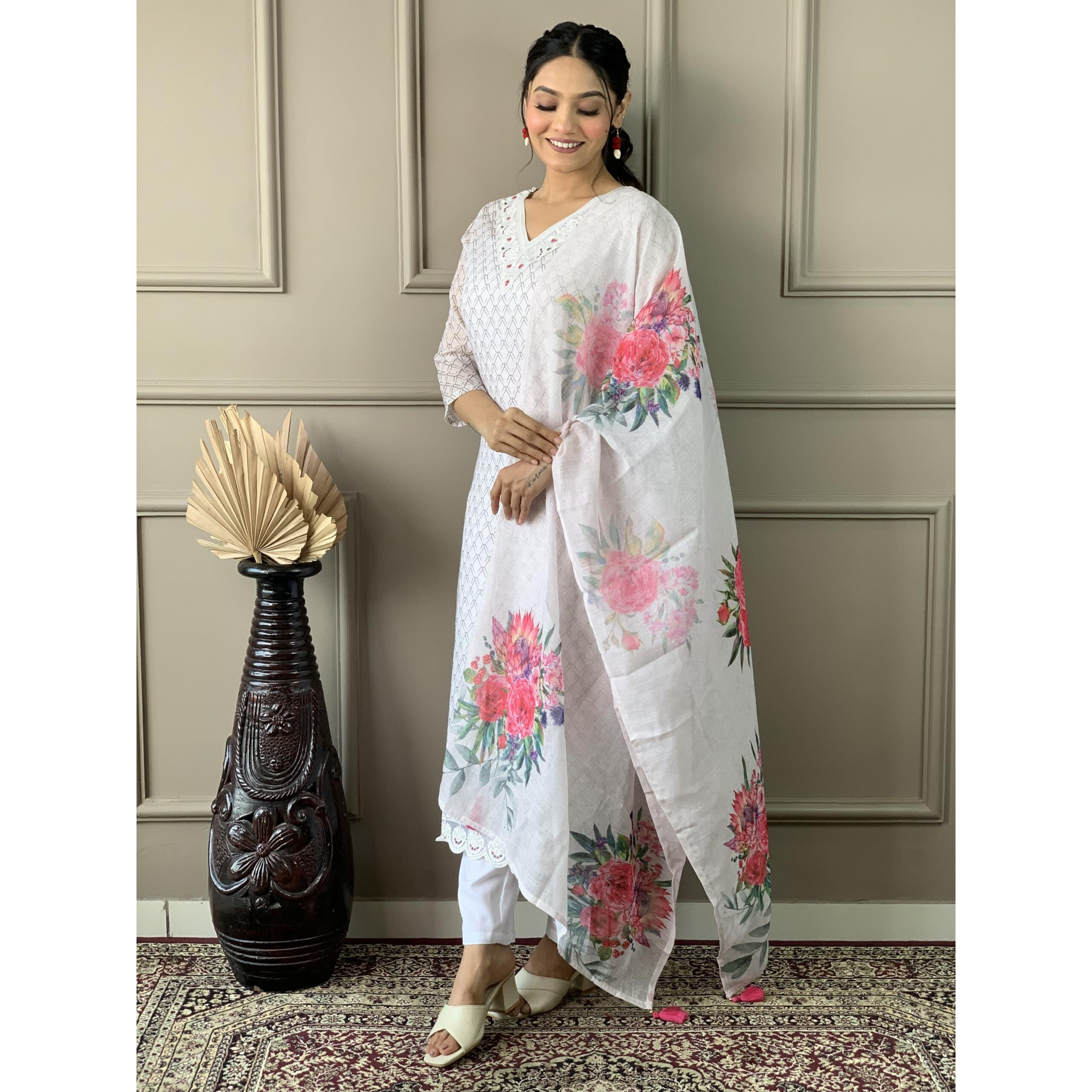 Naixa Women's Off White Linen Cotton with Cotton Lining Embroidered Straight Kurta with Rayon Pant and Linen Cotton Printed Dupatta Sets (NX2-550-Offwhite-XS)