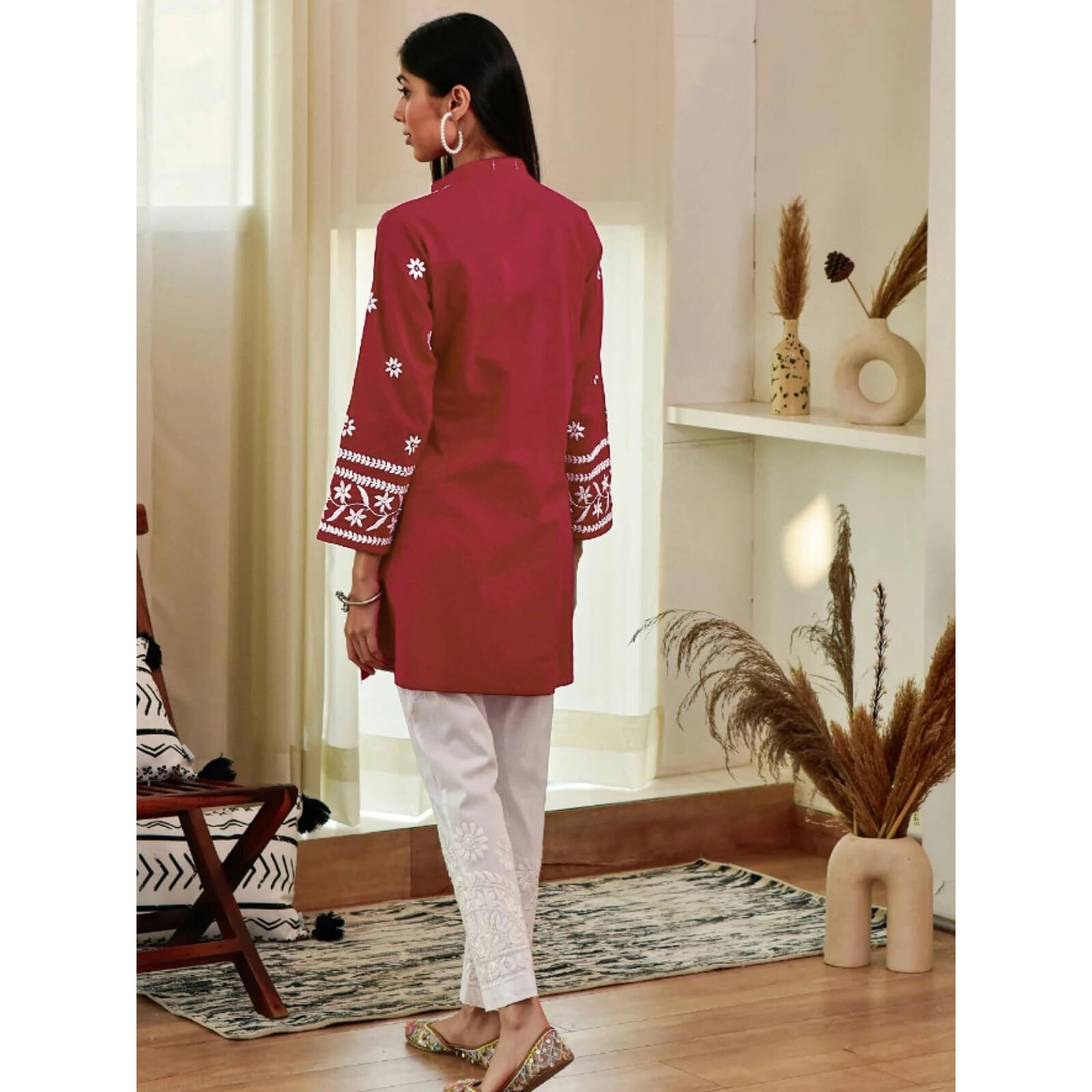 Sanisa Women's Rayon Chikankari Embroidered Short Kurti (478K272N-XL_Red)