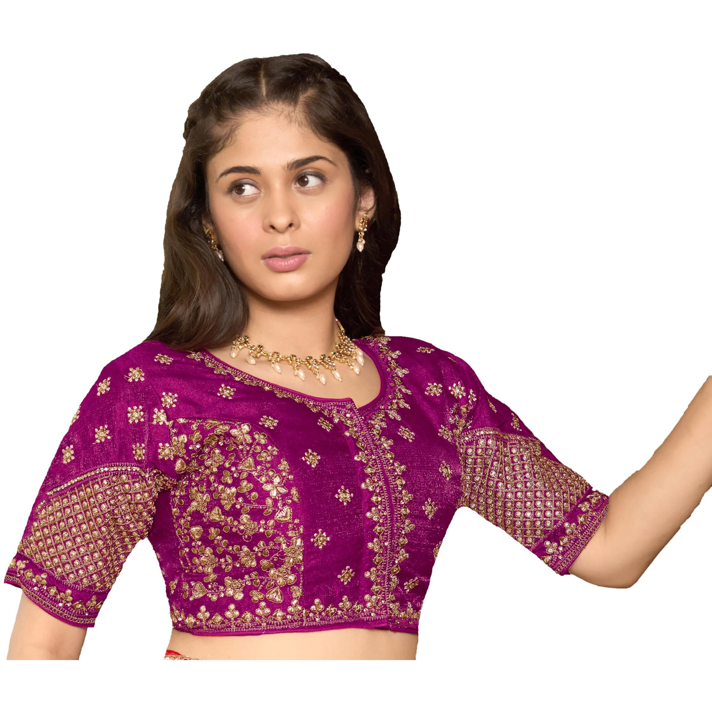 Pujia Mills Women's Readymade Blouse Multi Golden codding Sequence Embroidery Work Indian Ethnic Designer Stitched Readymade Saree Half Sleeve Wine Blouse for Women for Saree Lehenga Choli