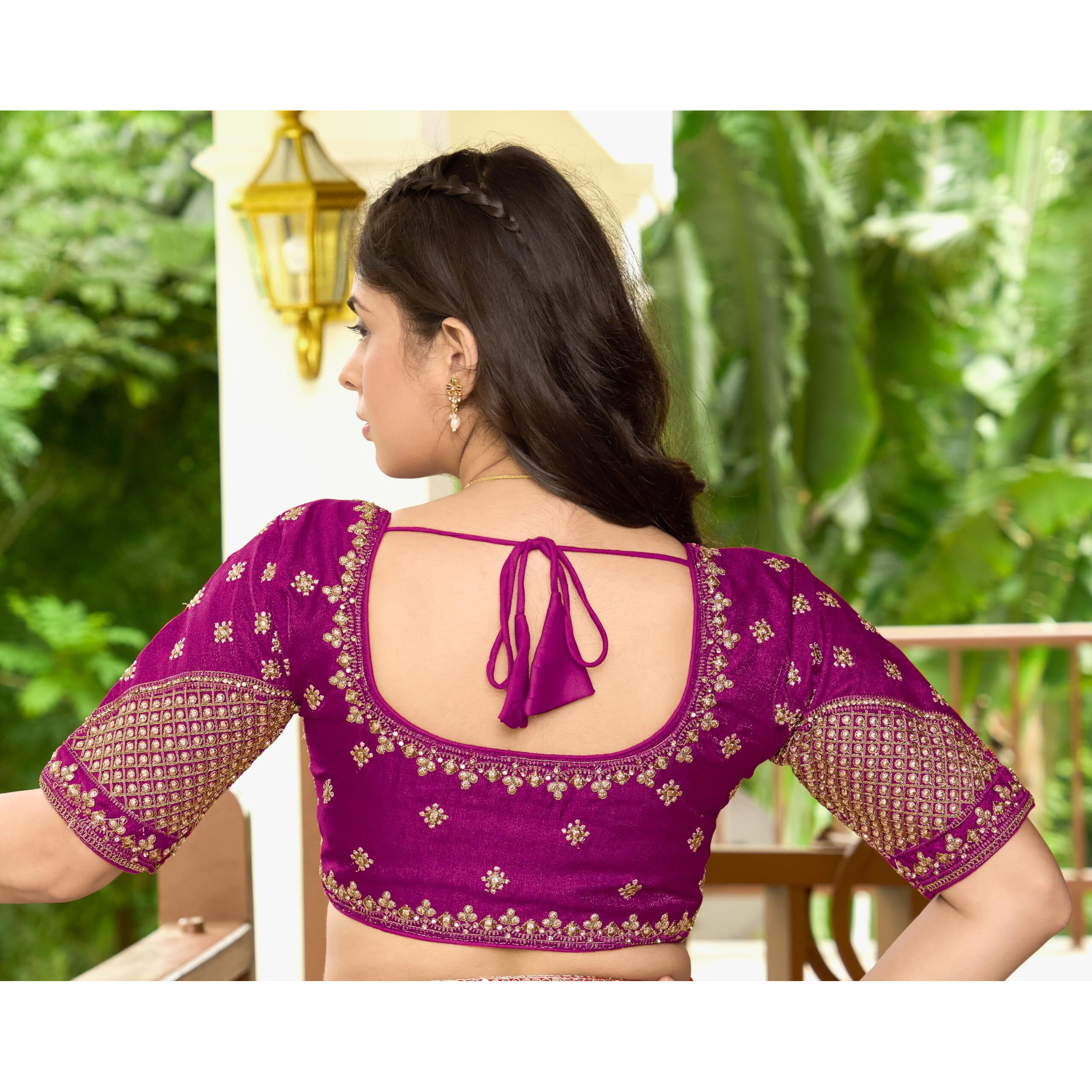 Pujia Mills Women's Readymade Blouse Multi Golden codding Sequence Embroidery Work Indian Ethnic Designer Stitched Readymade Saree Half Sleeve Wine Blouse for Women for Saree Lehenga Choli