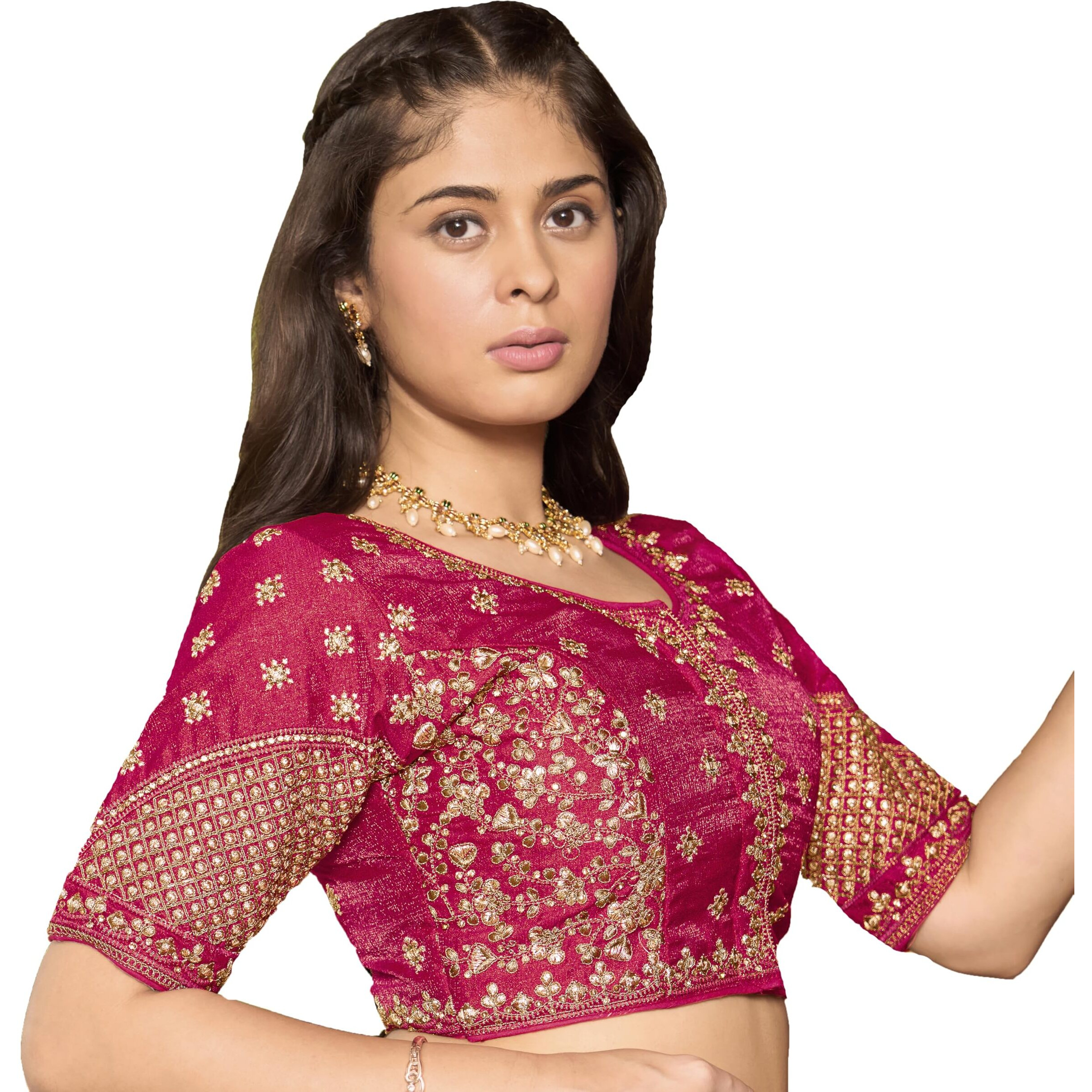 Pujia Mills Women's Readymade Blouse Multi Golden codding Sequence Embroidery Work Indian Ethnic Designer Stitched Readymade Saree Half Sleeve Maroon Blouse for Women for Saree Lehenga Choli