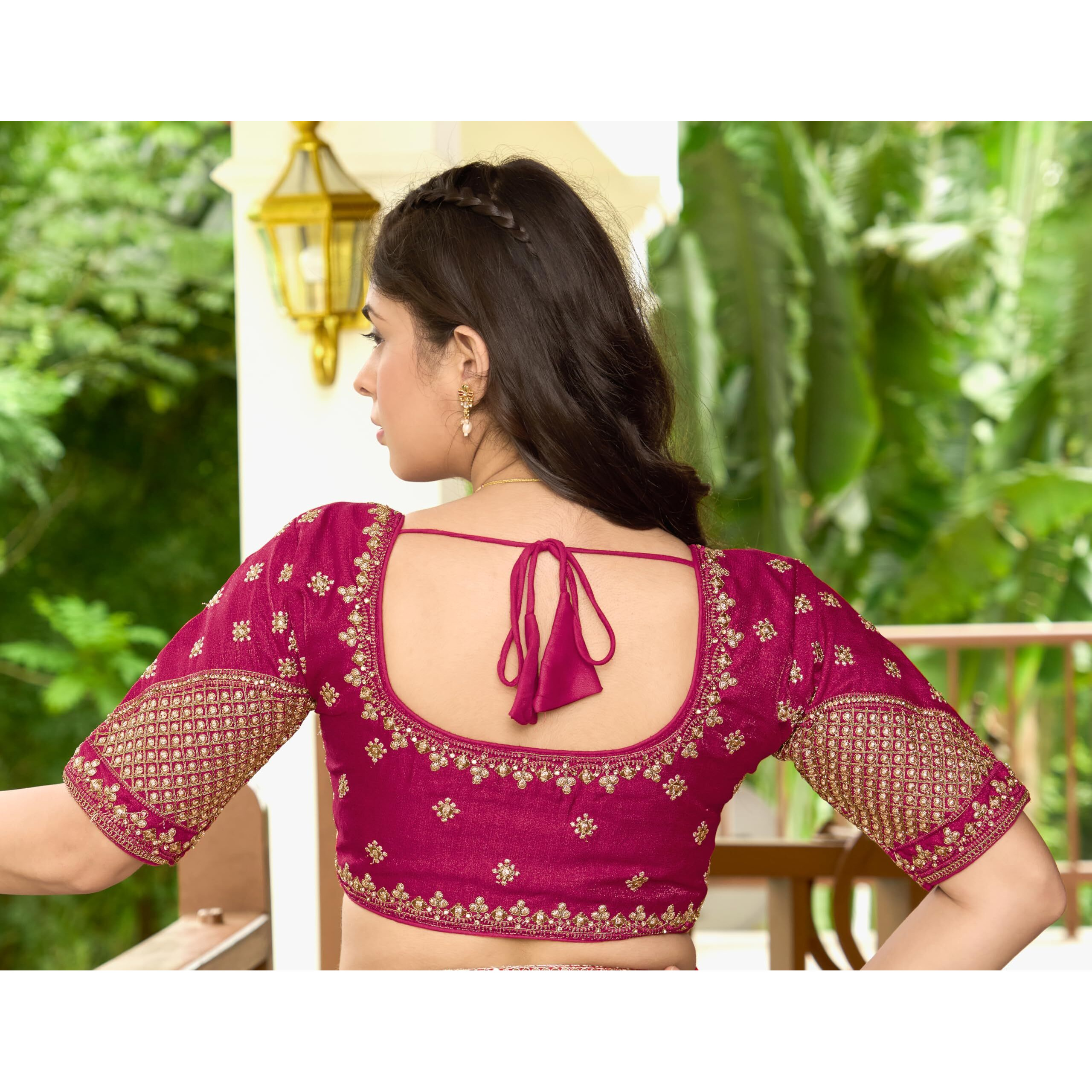 Pujia Mills Women's Readymade Blouse Multi Golden codding Sequence Embroidery Work Indian Ethnic Designer Stitched Readymade Saree Half Sleeve Maroon Blouse for Women for Saree Lehenga Choli