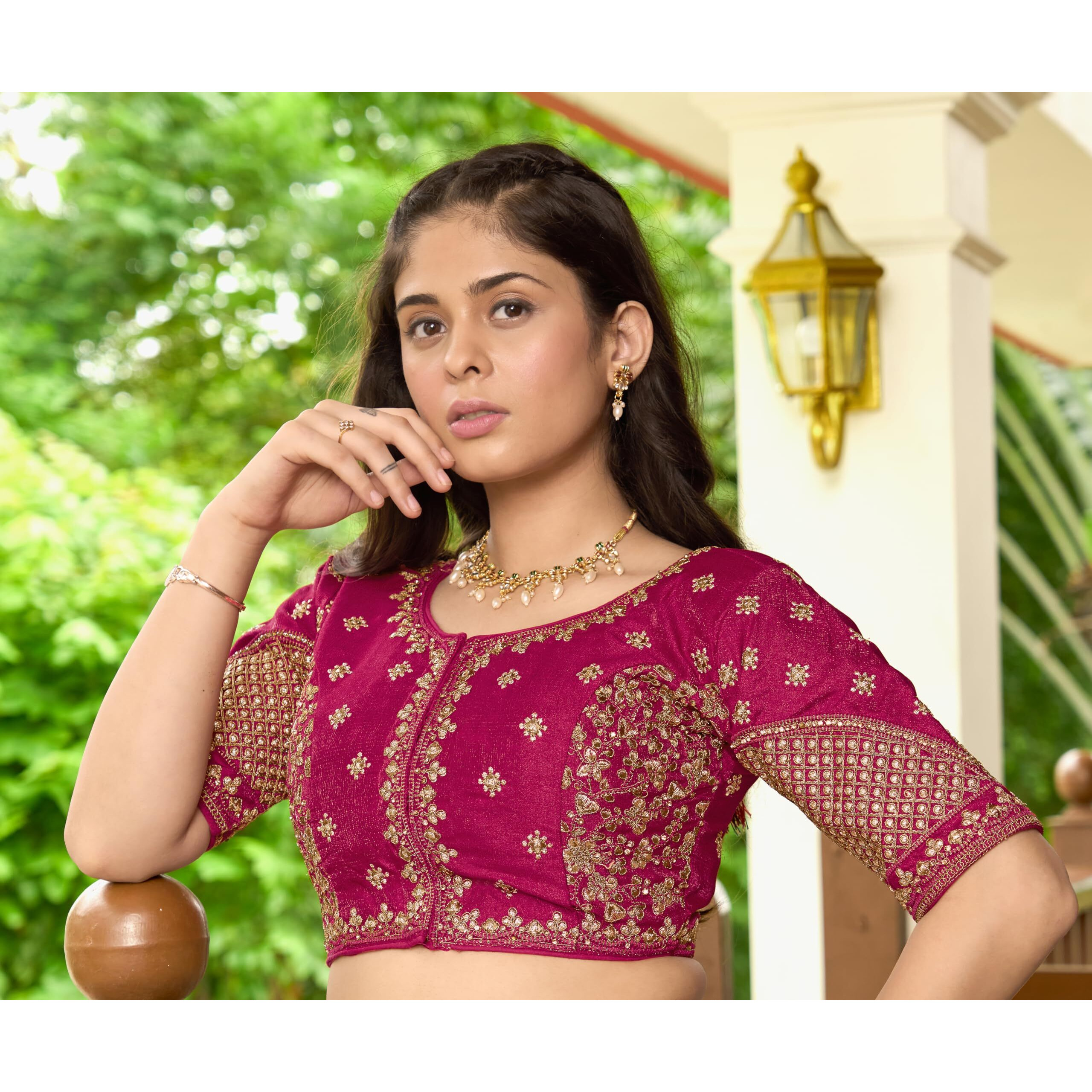 Pujia Mills Women's Readymade Blouse Multi Golden codding Sequence Embroidery Work Indian Ethnic Designer Stitched Readymade Saree Half Sleeve Maroon Blouse for Women for Saree Lehenga Choli