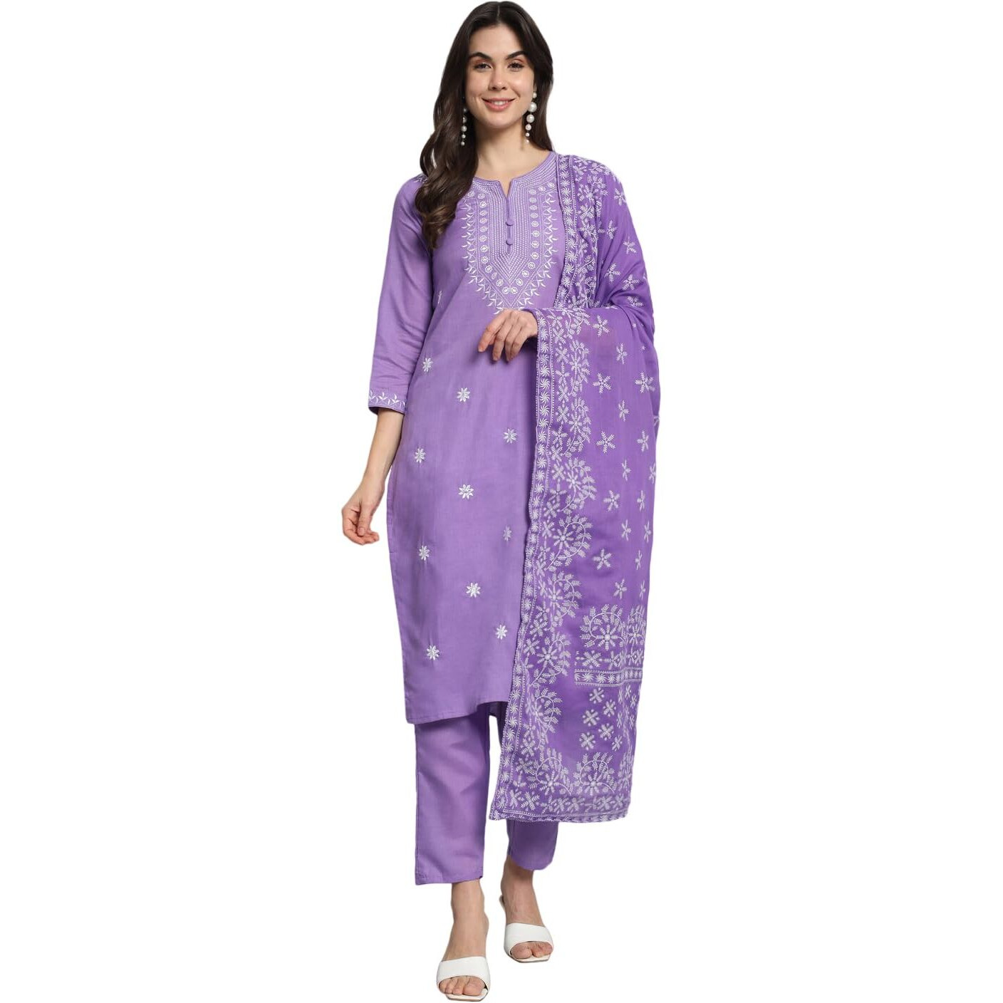 Naixa Women's Lavender Cotton Printed Straight Kurta with Cotton Pant and Cotton Printed Dupatta Sets [S-Eva-Lavender (M)]