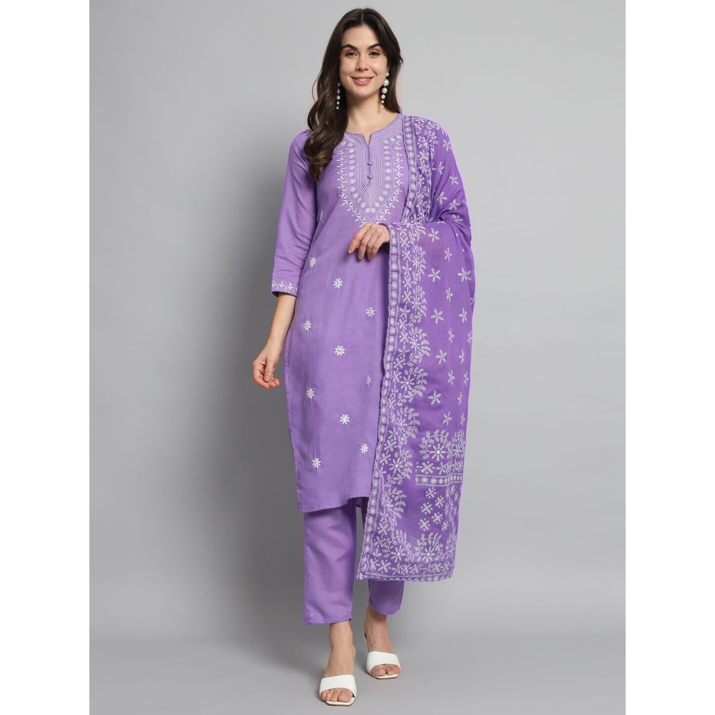 Naixa Women's Lavender Cotton Printed Straight Kurta with Cotton Pant and Cotton Printed Dupatta Sets [S-Eva-Lavender (M)]
