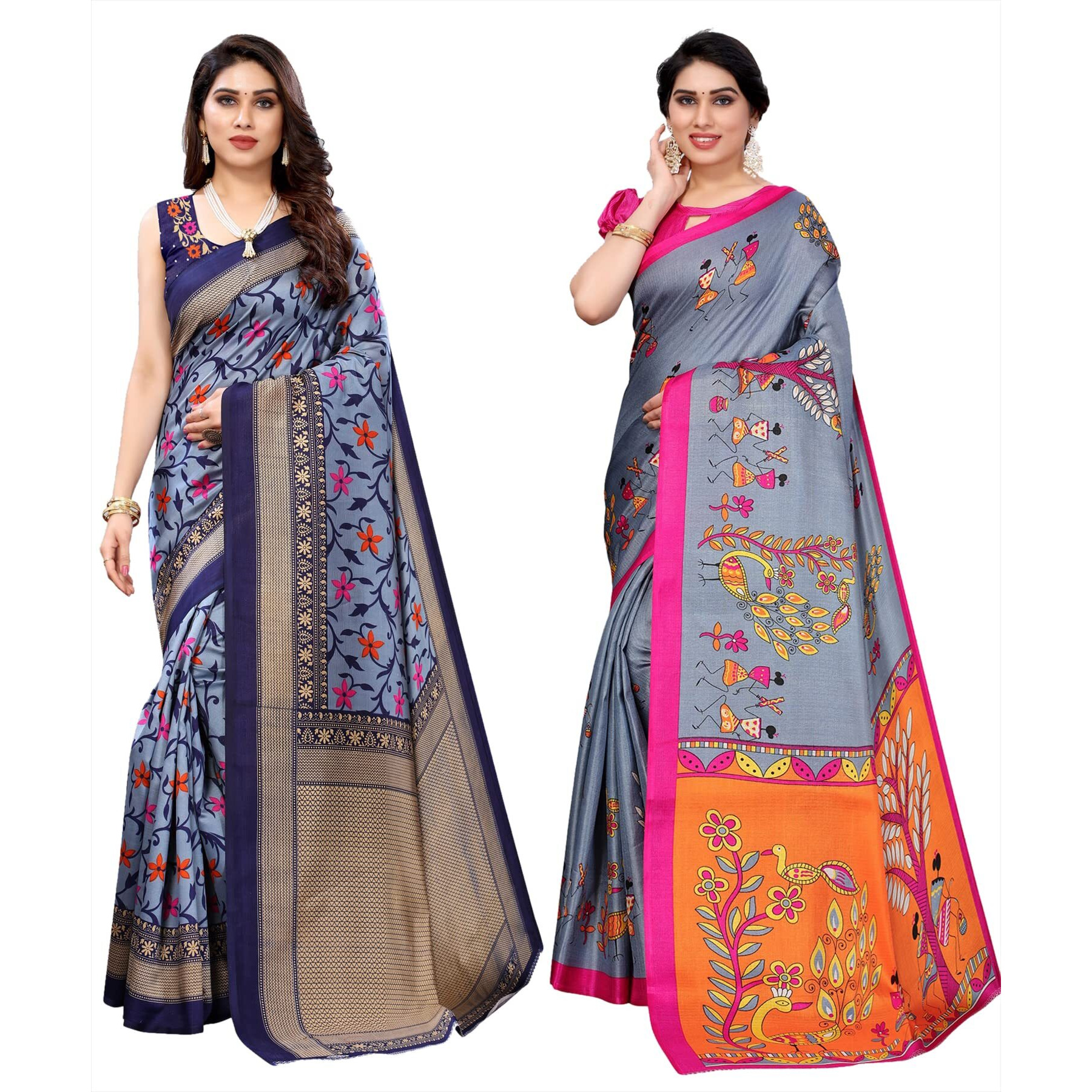 Yashika Women's Combo Art Silk Printed Saree With Blouse Piece Pack Of 2(SWATI NAVY-DANDIYA GREY)