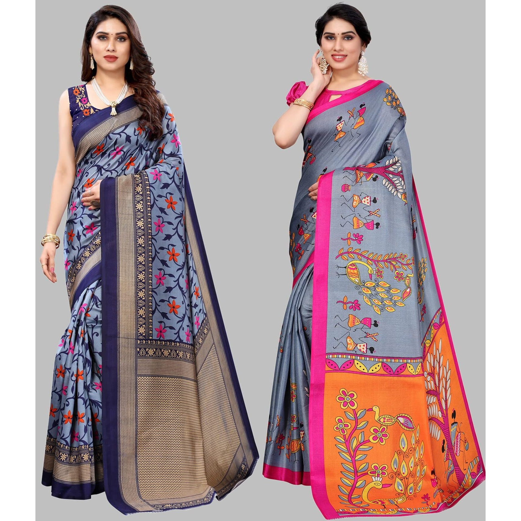 Yashika Women's Combo Art Silk Printed Saree With Blouse Piece Pack Of 2(SWATI NAVY-DANDIYA GREY)