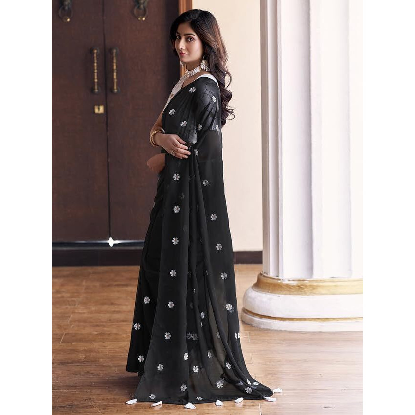 Satrani Women's Georgette Embroidery Saree with Unstitched Blouse Piece (3607S126N_Black)