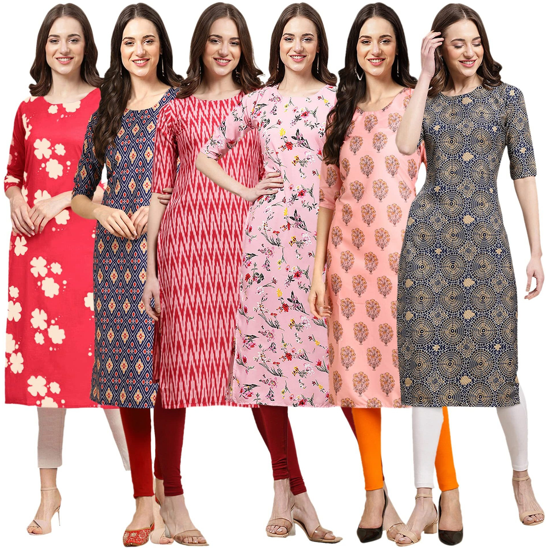 Pinkmint Women's Crepe Digital Print Straight Kurta(Pack of 6)[QV-380-358-328-339-368-341-M]