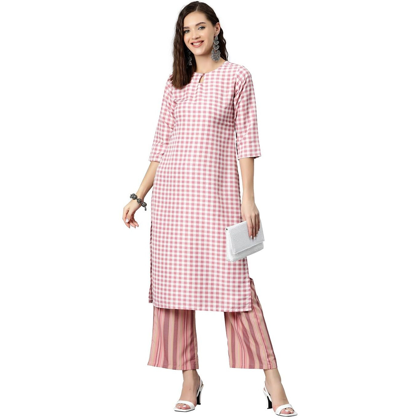 IVES Straight Check Printed Kurta Suit Set for Womeen & Girls Fashionble Clothes (Size & Color  XS, Pink)