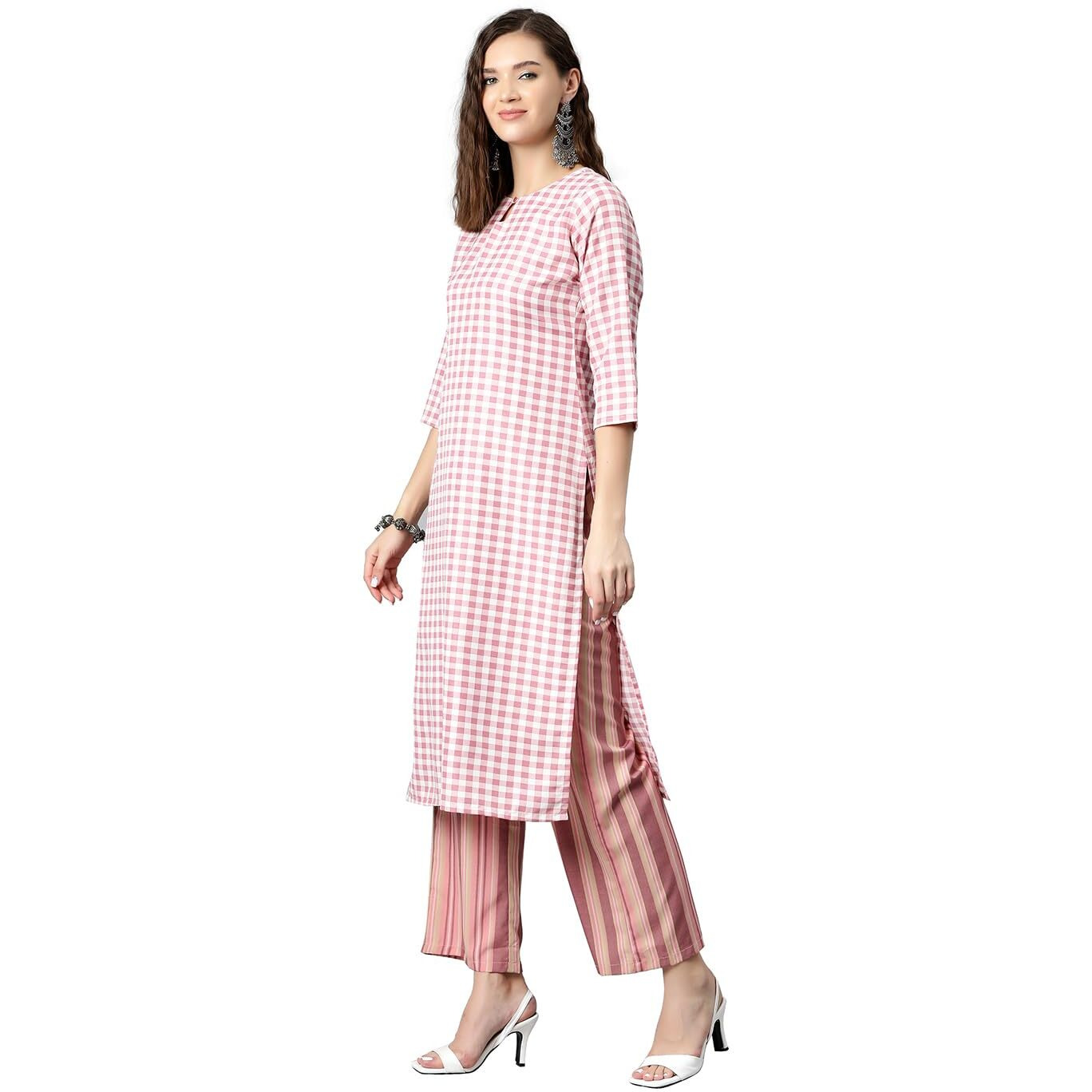 IVES Straight Check Printed Kurta Suit Set for Womeen & Girls Fashionble Clothes (Size & Color  XS, Pink)