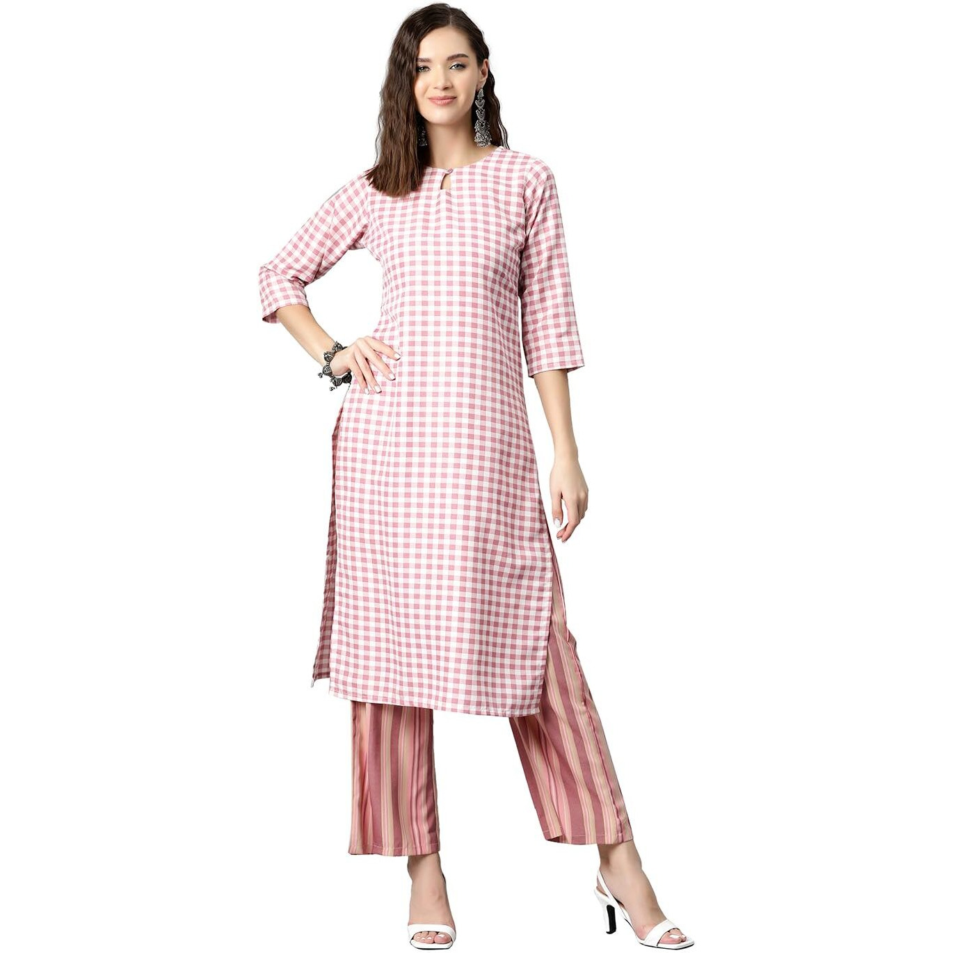 IVES Straight Check Printed Kurta Suit Set for Womeen & Girls Fashionble Clothes (Size & Color  XS, Pink)