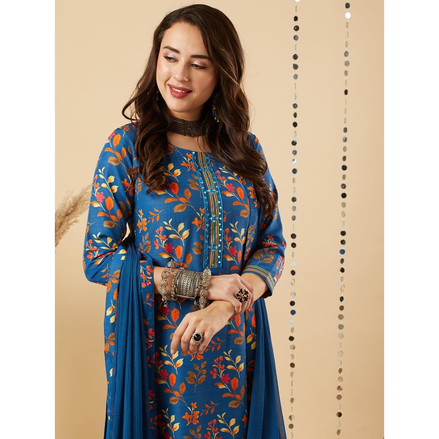 ANNI DESIGNER Women's Cotton Blend Printed Straight Kurta and Pant with Dupatta Set (KALEPING-KEROSIN-NW_M_Dark Blue_Medium)