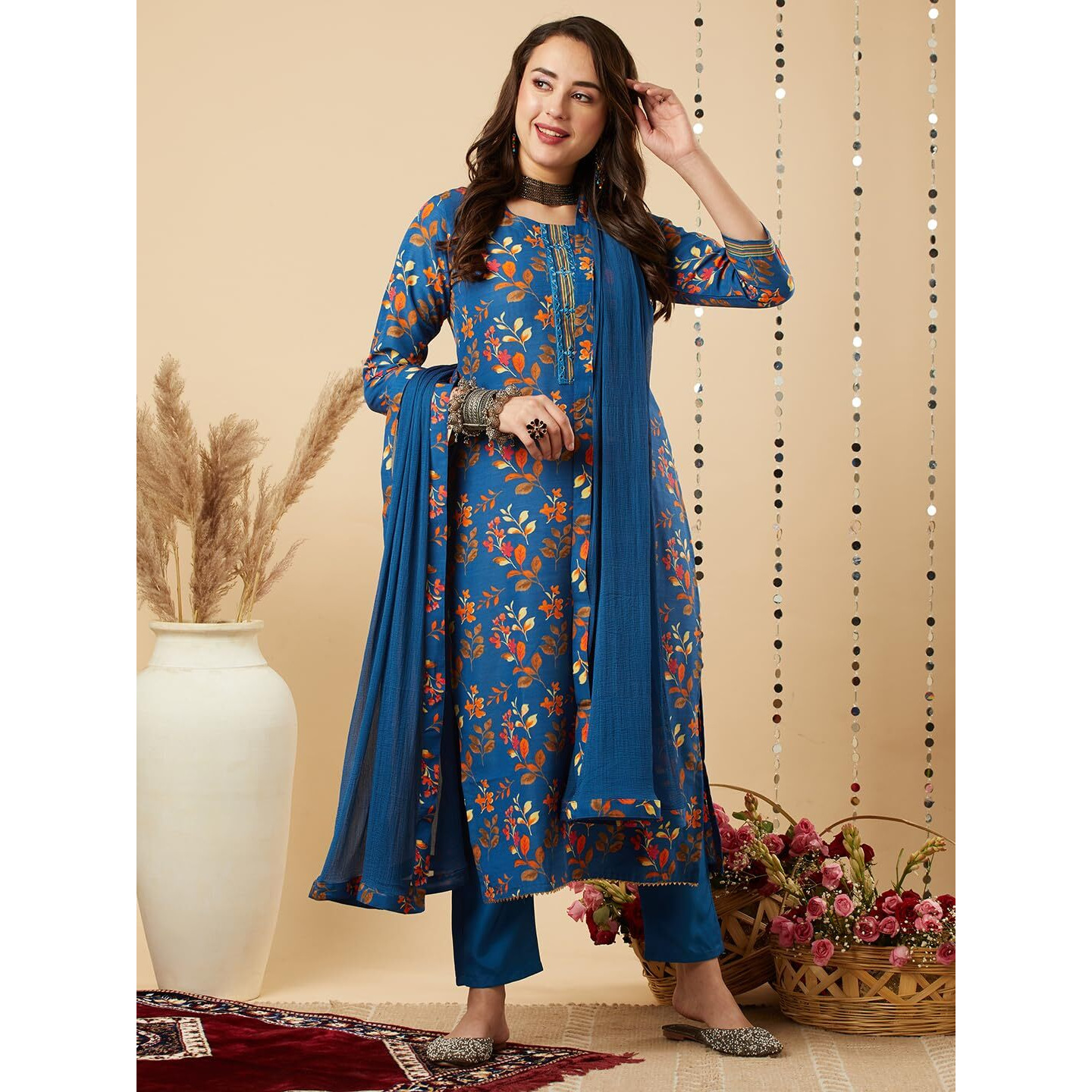 ANNI DESIGNER Women's Cotton Blend Printed Straight Kurta and Pant with Dupatta Set (KALEPING-KEROSIN-NW_M_Dark Blue_Medium)