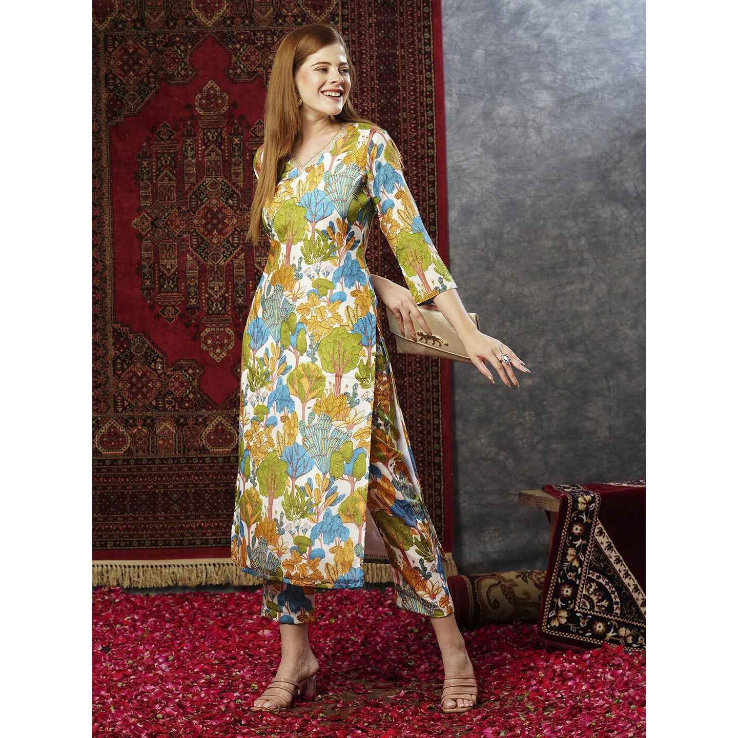 ANNI DESIGNER Women's Cotton Blend Straight Printed Kurta with Pant (Samlok Sky Blue_M_Sky Blue_Medium)