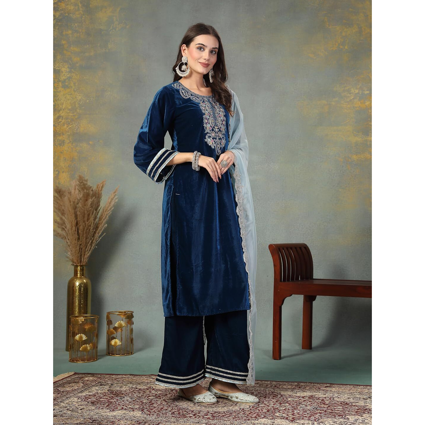 Stylum Women's Solid & Embroidered Velvet Straight Kurta Pant Dupatta Set (KPDBLUESIMAR44_Blue, XXL)