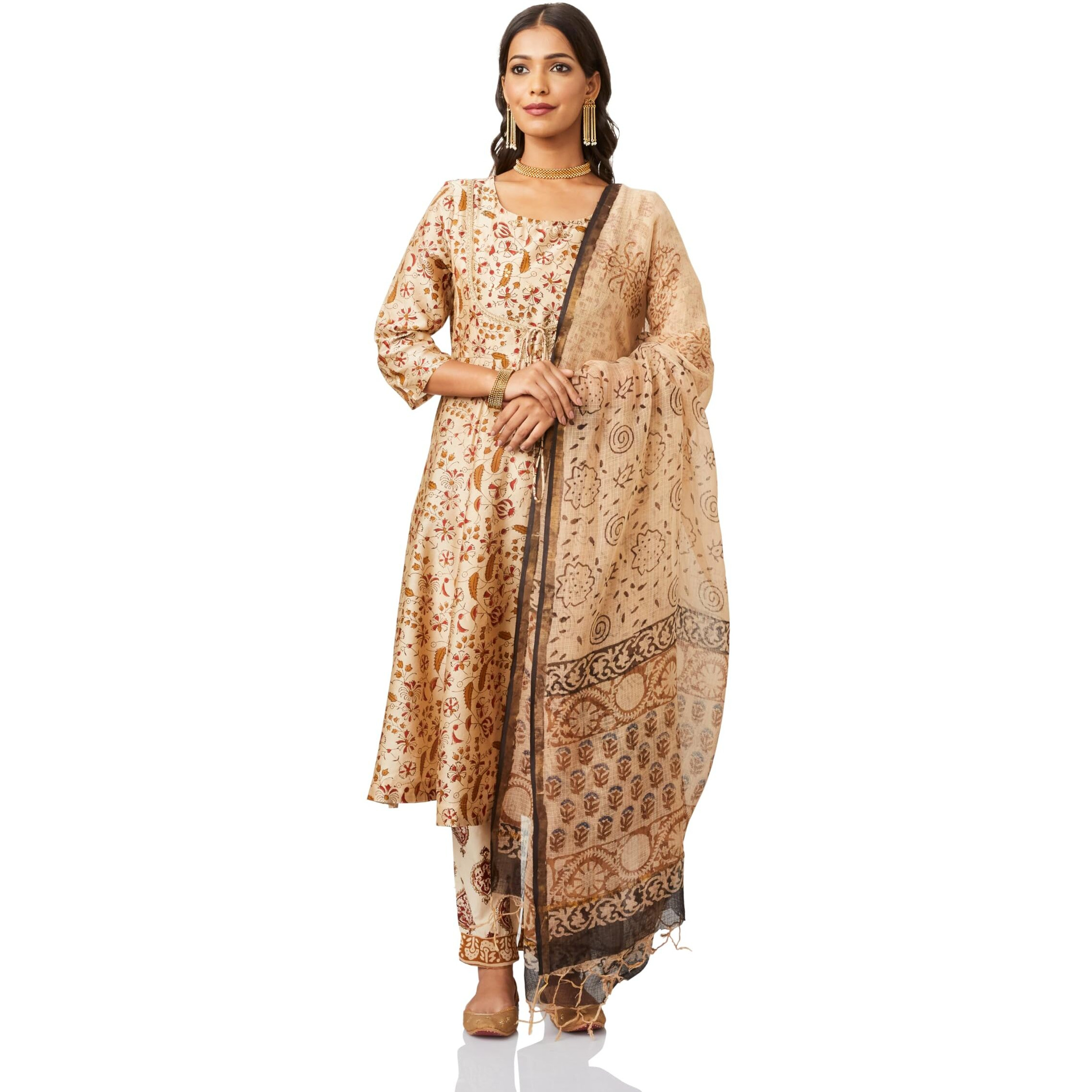 Amazon Brand - Myx Women's Silk Blend Salwar Suit (SS24-MYX-BGRU-SKD-07_Beige Bagru_M)