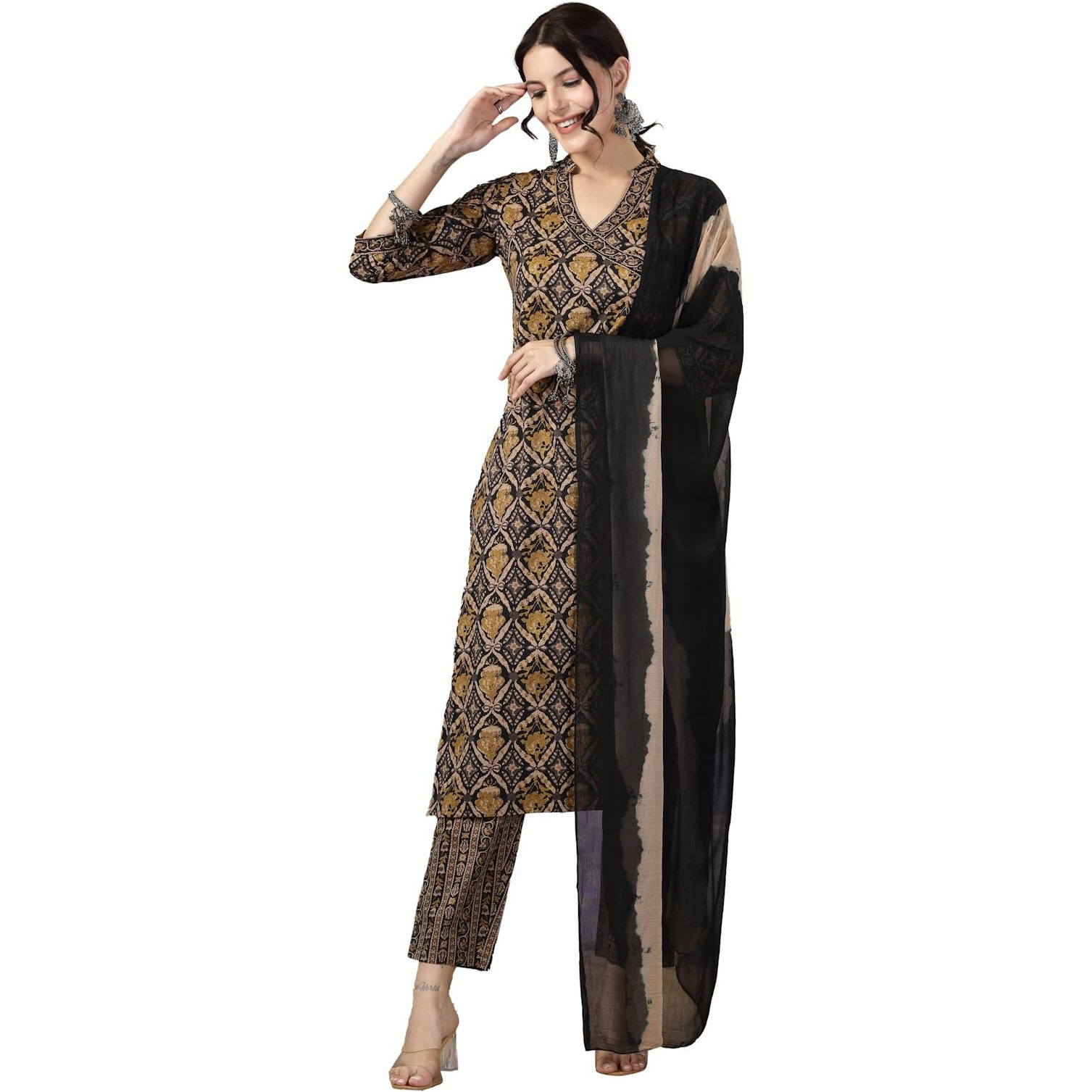 Stylum Women's Ajrakh Printed Cotton Straight Angrakha Kurta Pant Dupatta Set (KPDBLACKJACKY36_Black, S)