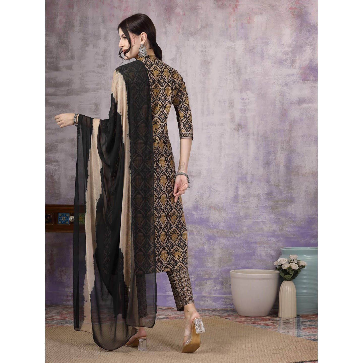 Stylum Women's Ajrakh Printed Cotton Straight Angrakha Kurta Pant Dupatta Set (KPDBLACKJACKY36_Black, S)