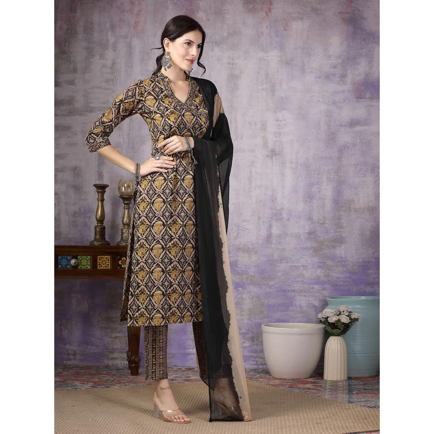 Stylum Women's Ajrakh Printed Cotton Straight Angrakha Kurta Pant Dupatta Set (KPDBLACKJACKY36_Black, S)