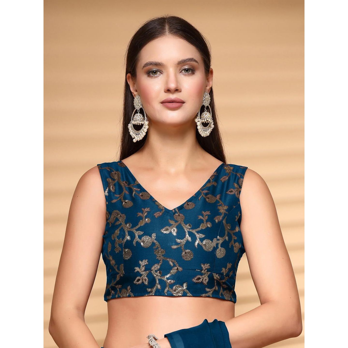 OOMPH Readymade Blouse for Women, Brocade, Sleeveless, V-Neck, rbbl700