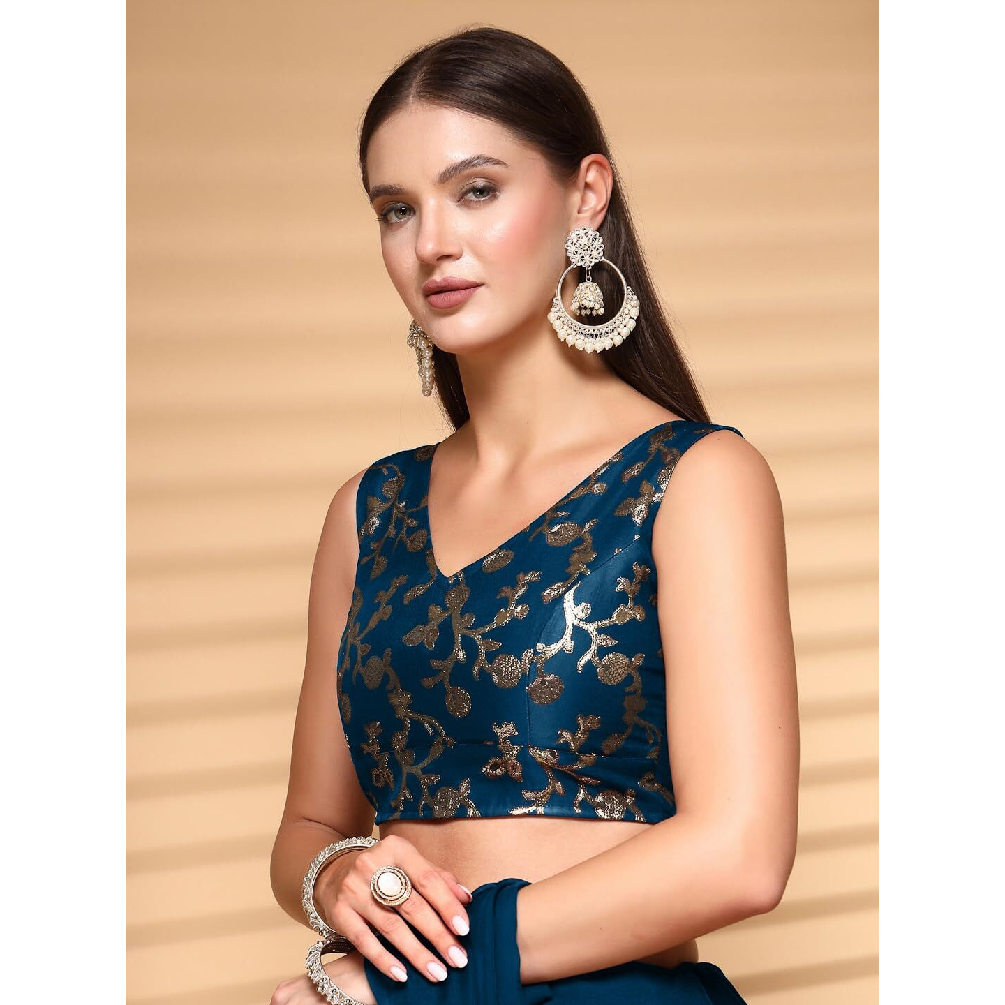 OOMPH Readymade Blouse for Women, Brocade, Sleeveless, V-Neck, rbbl700