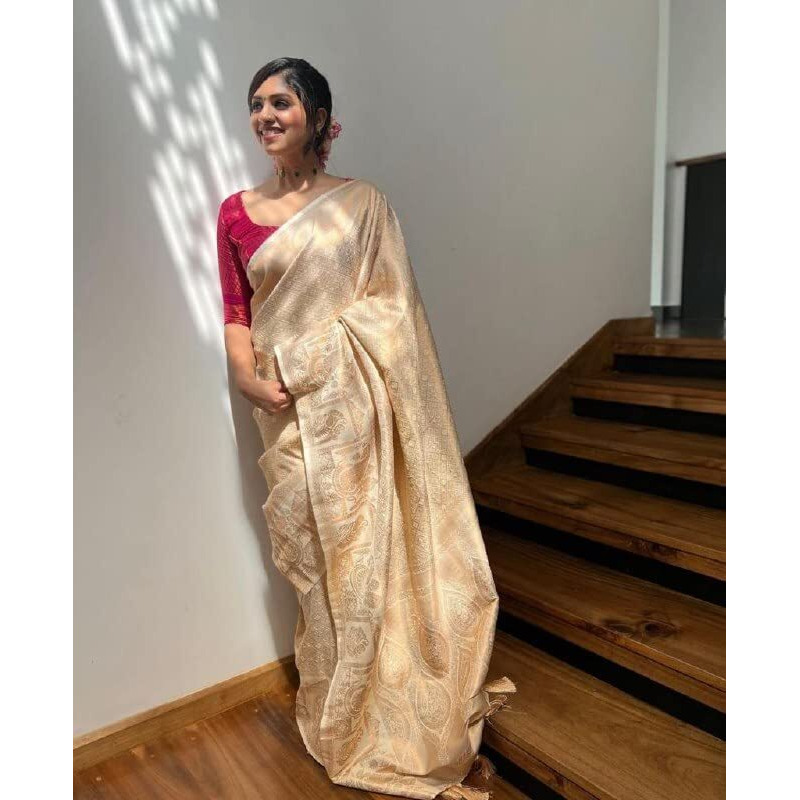 Flosive Women's Present Banarasi Soft Lichi Silk Saree Beautiful Jacquard Rich Pallu Design Work Zari Woven Kanjivaram Silk Style Saree With Soft Lichi Silk Blouse Piece Ayn Royal Cream & Pink