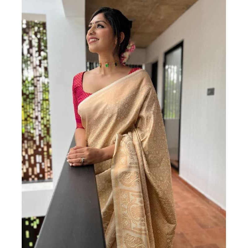 Flosive Women's Present Banarasi Soft Lichi Silk Saree Beautiful Jacquard Rich Pallu Design Work Zari Woven Kanjivaram Silk Style Saree With Soft Lichi Silk Blouse Piece Ayn Royal Cream & Pink