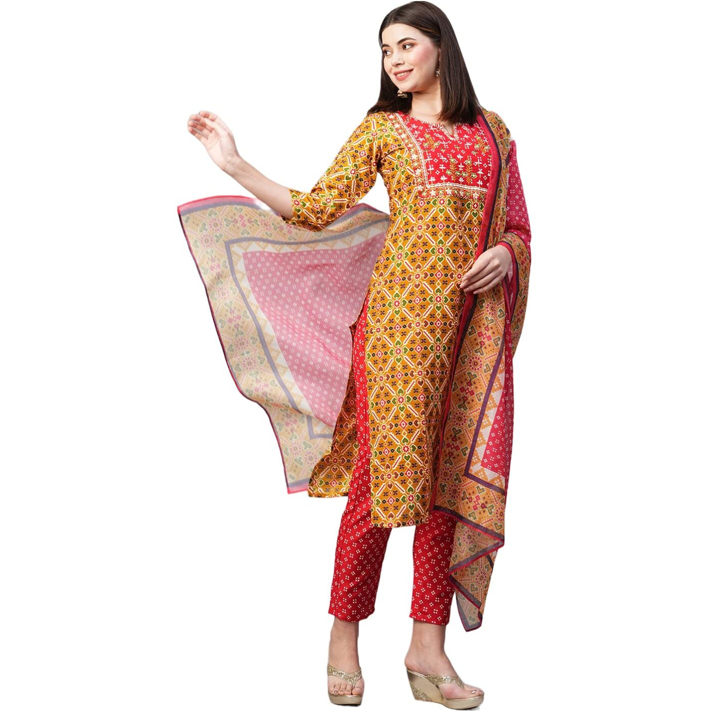 GoSriKi Women's Cotton Blend Printed Straight Kurta with Pant & Dupatta (Makshi Yellow_L-GS_Yellow_Large)