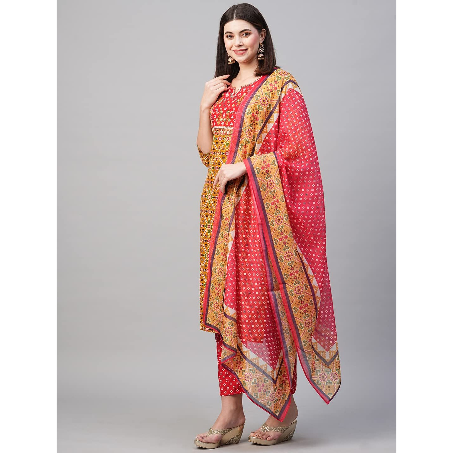 GoSriKi Women's Cotton Blend Printed Straight Kurta with Pant & Dupatta (Makshi Yellow_L-GS_Yellow_Large)