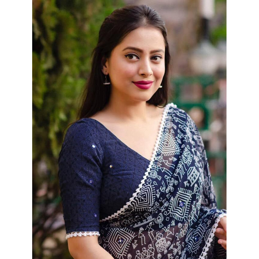 Satrani Women's Georgette Printed & Mirror Work Saree with Unstitched Blouse Piece (3284S266N_Wine & White)