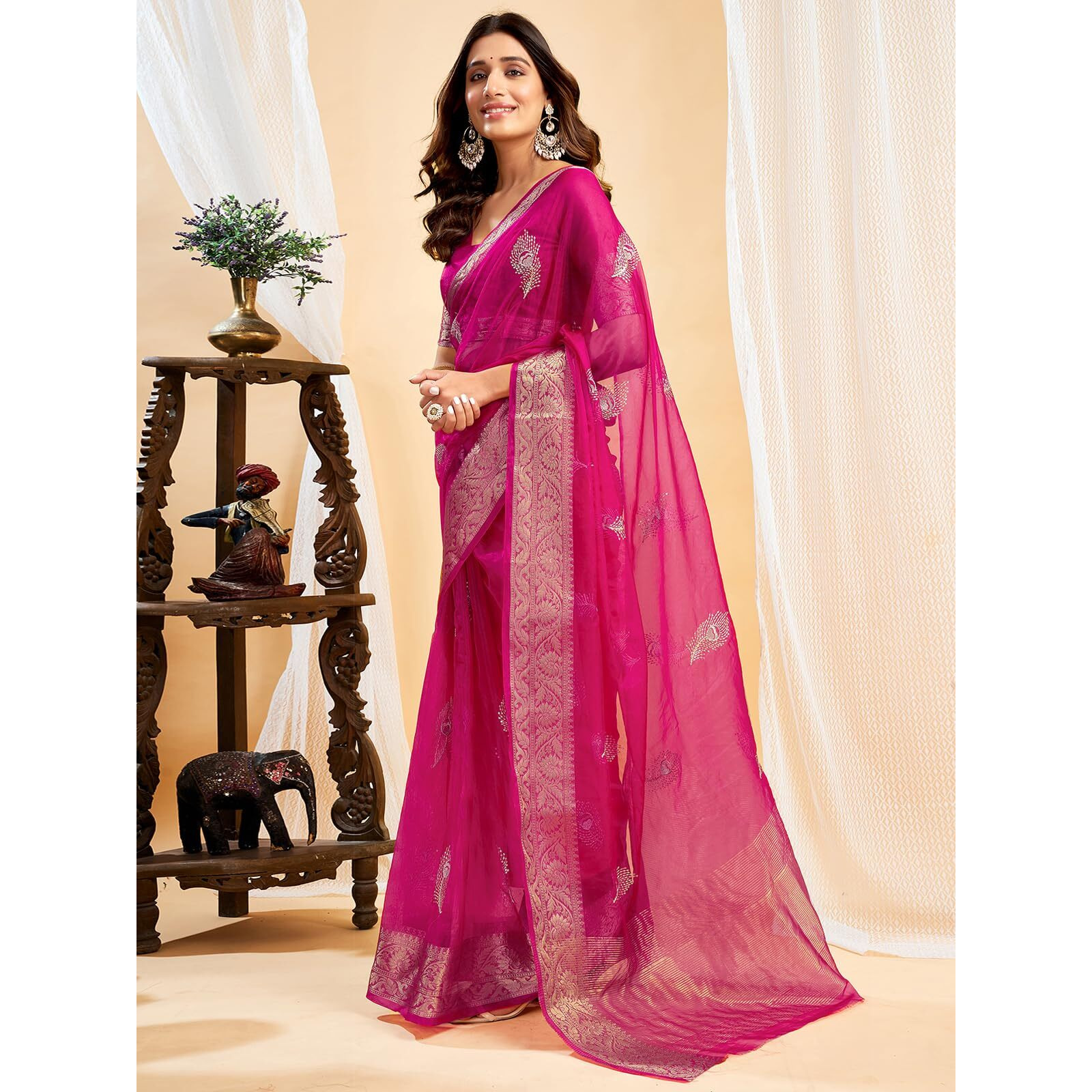 Satrani Women's Organza Sequins Embroidery Jacquard Saree with Unstitched Blouse Piece (4031S654N_Rani Pink)