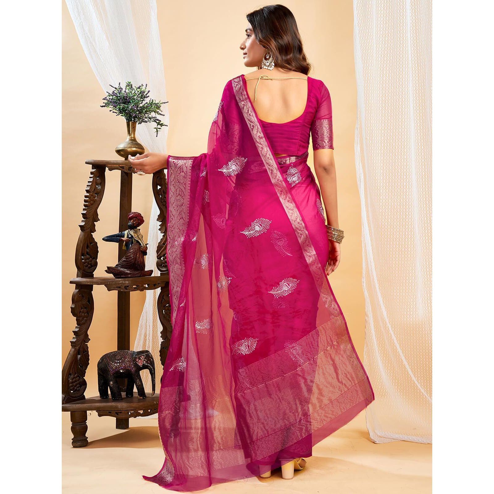 Satrani Women's Organza Sequins Embroidery Jacquard Saree with Unstitched Blouse Piece (4031S654N_Rani Pink)