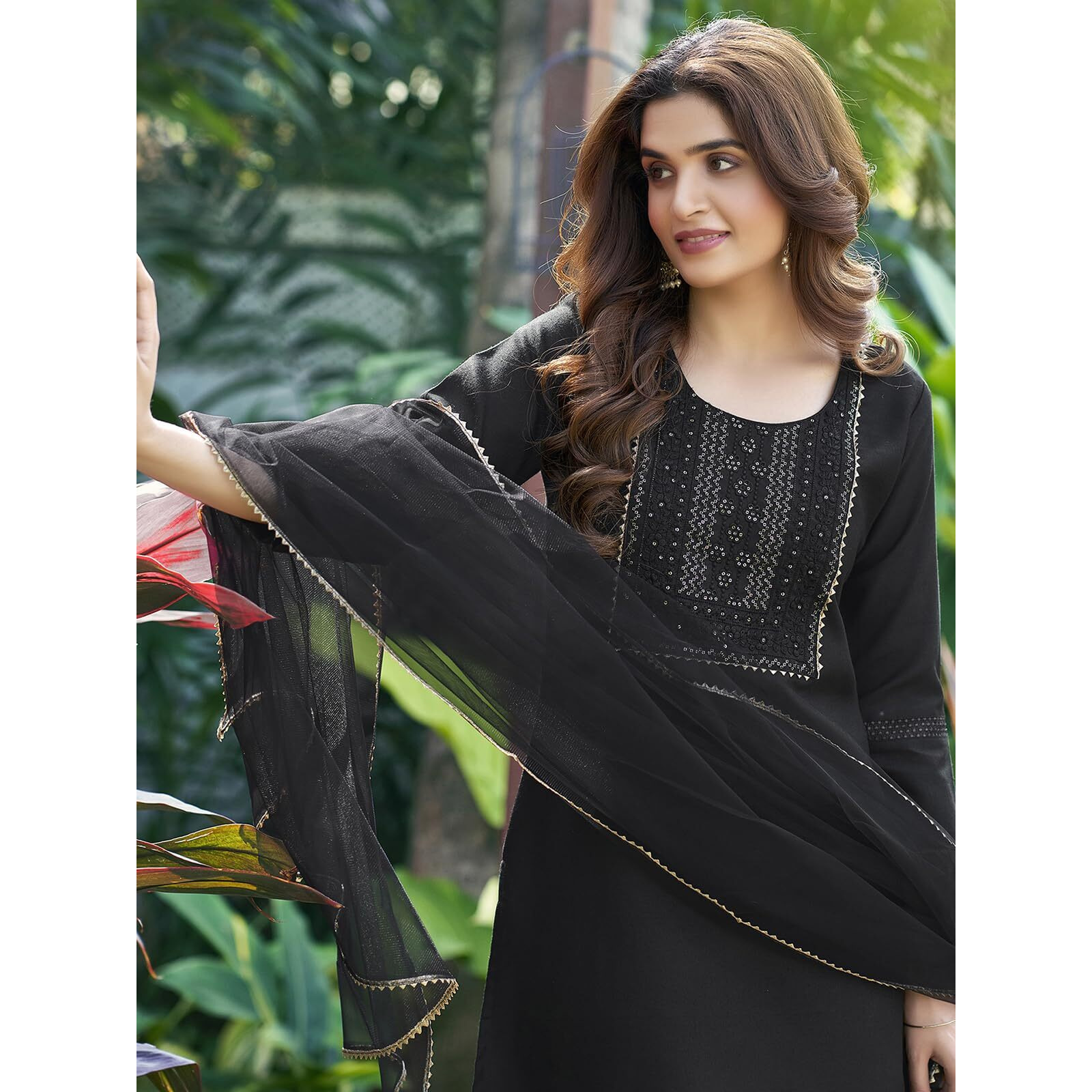 Sanisa Women's Cotton Blend Embroidery Straight Kurta with Pant and Gota Lace Work Dupatta (80KBD899NZ-S_Black)