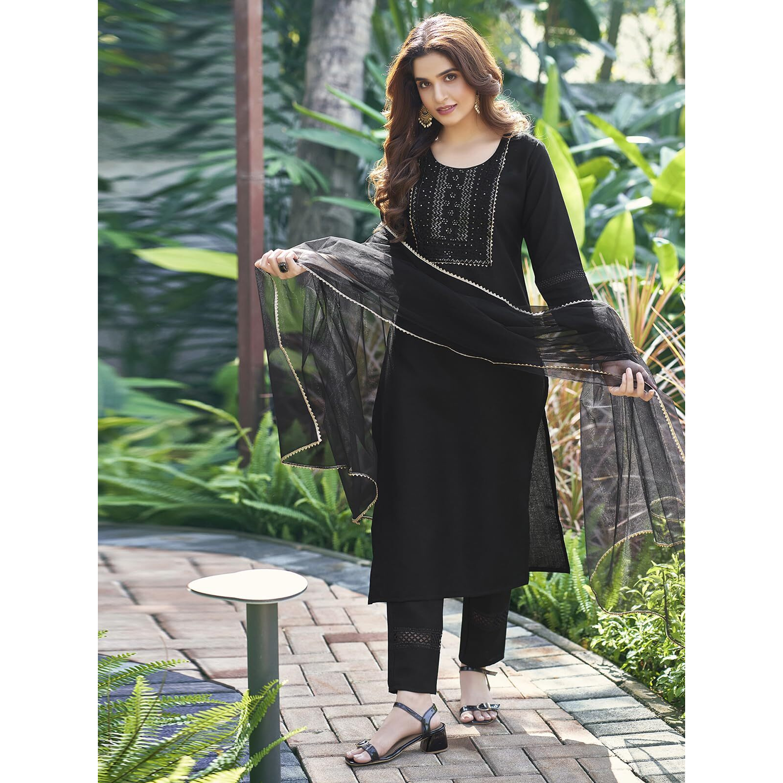 Sanisa Women's Cotton Blend Embroidery Straight Kurta with Pant and Gota Lace Work Dupatta (80KBD899NZ-S_Black)