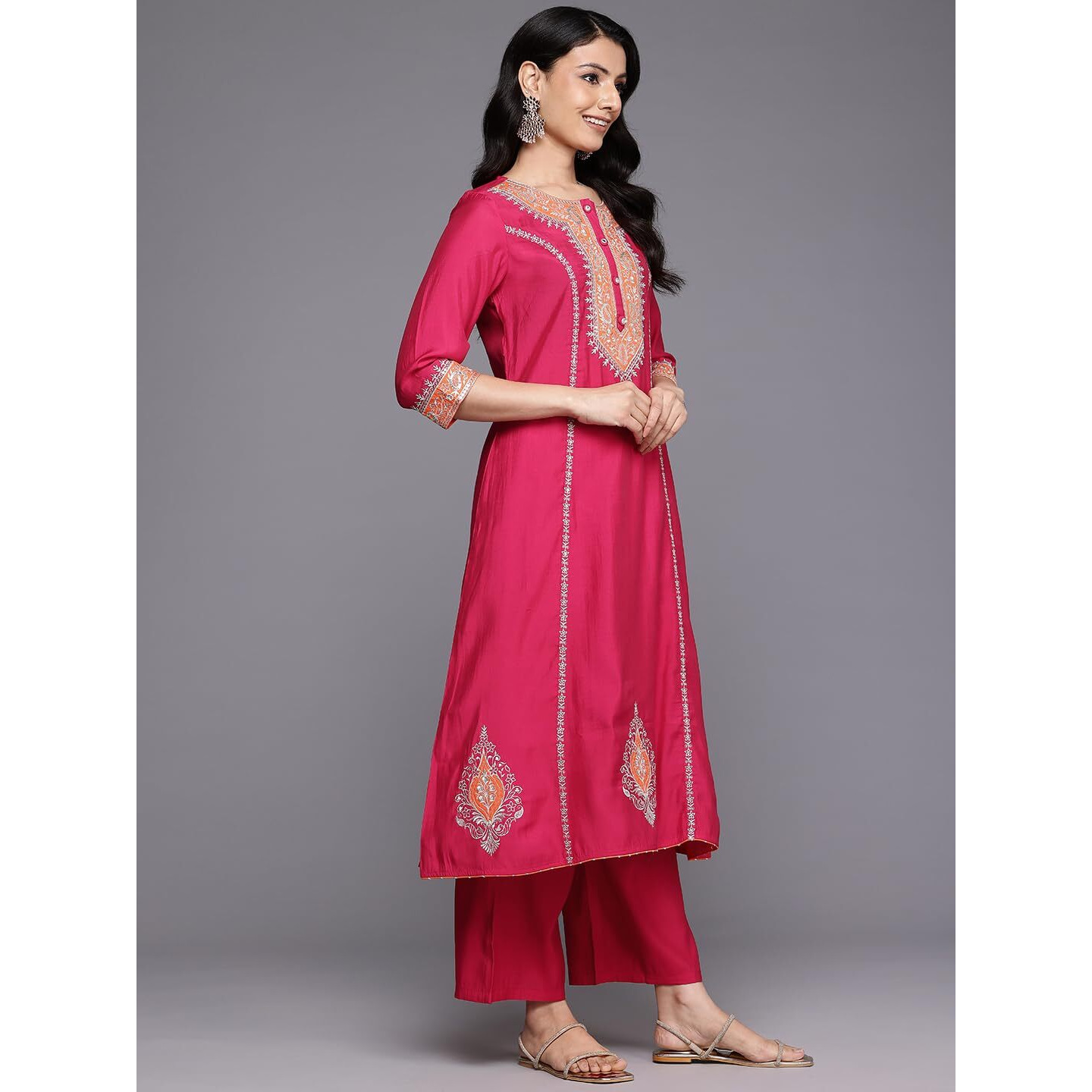 Varanga Women Pink Zari Embroidered Contrast Yoke Kurta With Bottom And Contrast Dupatta