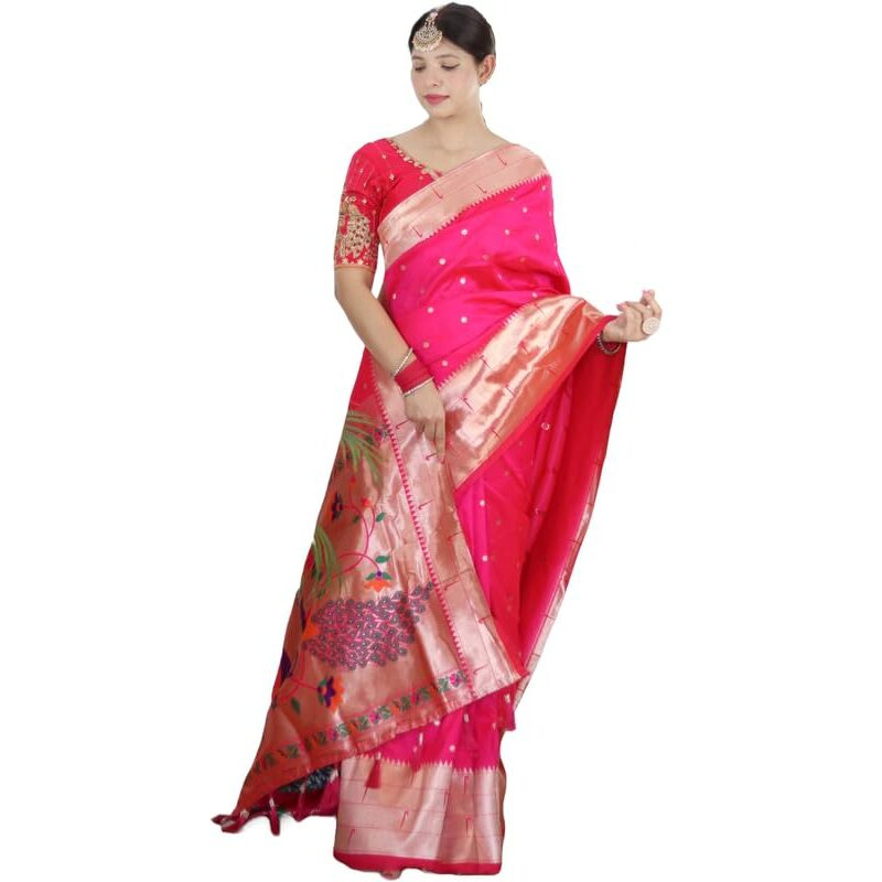 Panzora Woman's Pure Banarasi Paithani Silk Saree With Brocket Blouse Piece