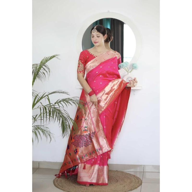 Panzora Woman's Pure Banarasi Paithani Silk Saree With Brocket Blouse Piece