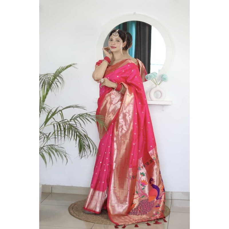 Panzora Woman's Pure Banarasi Paithani Silk Saree With Brocket Blouse Piece