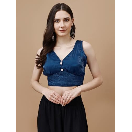 Womanista Women's Synthetic Solid Sleeveless Regular Fit Sequinned Blouse (BL_04A_Navy Blue L)