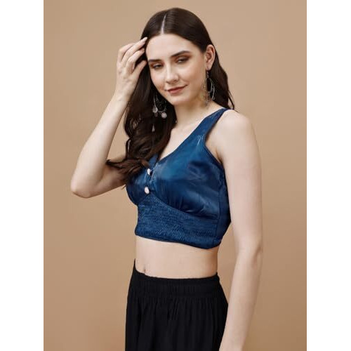 Womanista Women's Synthetic Solid Sleeveless Regular Fit Sequinned Blouse (BL_04A_Navy Blue L)